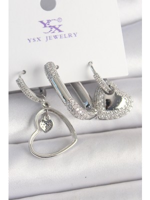 Inure Jewelry Pirinç Gümüş Renk Sallantı Zirkon Taşlı Kalp Model 3'Lü Kadın Kombin Küpe