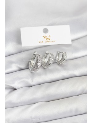 Inure Jewelry Pirinç Gümüş Renk Zirkon Taşlı Halka Model YSX Trio Küpe Seti