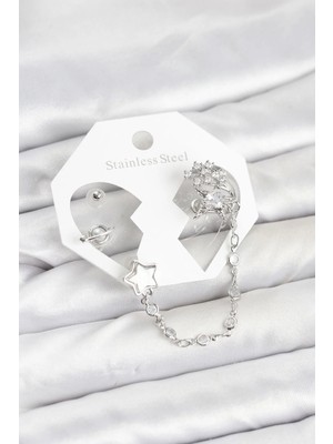 Inure Jewelry Pirinç Gümüş Renk Yıldız Model Zincir Bağlantılı Ear Cuff Küpe Seti
