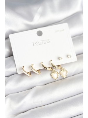 Inure Jewelry Pirinç Gold Renk Kalp Detaylı 925 Ayar Gümüş Çivili Kadın Küpe Seti