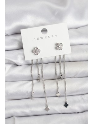 Inure Jewelry Pirinç Gümüş Renk Yonca Model Sallantılı Kadın Küpe