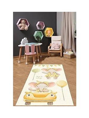 Mey İthalat Pelangi Piti Kare Zemn Sevimli Arabalı Balonlu Fil Yıkanabilir Kaymaz Taban Leke Tutmaz Çocuk Odası Halısık, Sarı-Yeşil 180 x 300
