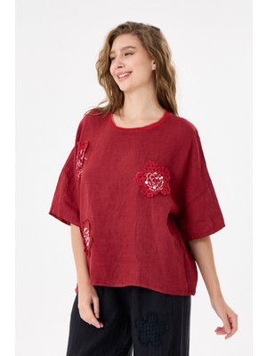Della Moor Italyan %100 Keten Taşlı Oversize Keten Bluz 38 - 42 Beden