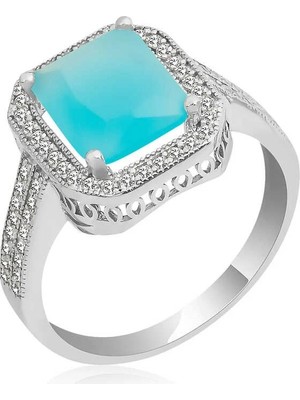 Inure Jewelry Gümüş Turkuaz Baget Kare Bayan Yüzük