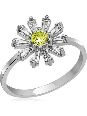 Inure Jewelry Gümüş Trapez Sarı Taşlı Çiçek Kadın Yüzük