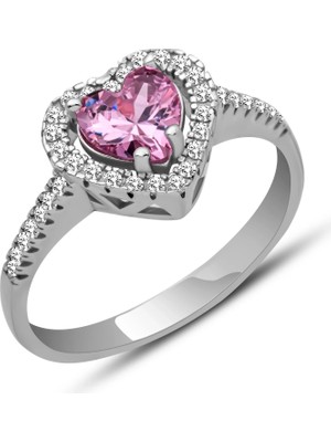 Inure Jewelry Gümüş Pembe Taşlı Kalpli Kadın Yüzük