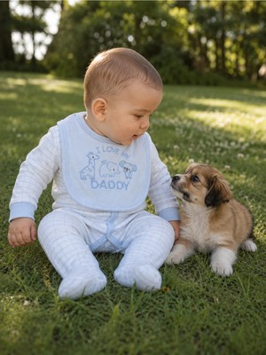 Omeca Concept 5'li Bebek Giyim Seti – I Love My Daddy Baskılı Mavi Tulum, Body, Şapka, Önlük ve Eldiven