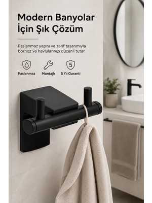 Alper Banyo F1 Model Siyah Bornoz ve Havlu Askısı Paslanmaz Çelik Montajlı Banyo Havluluk 5 Yıl Garantili