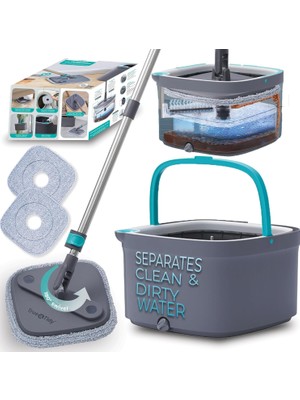 Yake Store True & Tidy True Clean Paspas ve Kova Sistemi, Kare Döndürmeli Paspas, Çift Bölmeli Paspas Kovası ve 2 Kalın Makinede Yıkanabilir Paspas Pedleri (Spin Mop) Içerir