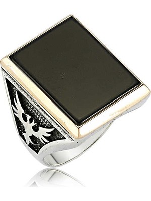 Inure Jewelry Gümüş Siyah Taşlı Çift Başlı Kartal Erkek Yüzük