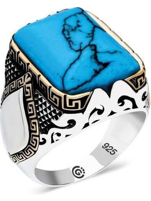 Inure Jewelry ​gümüş Turkuaz Taşlı Köşeli Erkek Yüzük