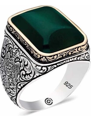 Inure Jewelry ​gümüş Koyu Yeşil Akik Taşlı Köşeli Erkek Yüzük