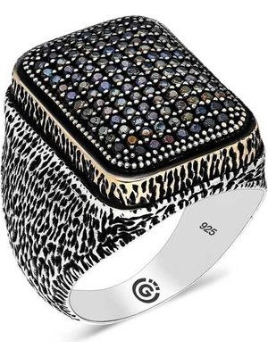 Inure Jewelry Gümüş Siyah Zirkon Taşlı Kare Erkek Yüzük