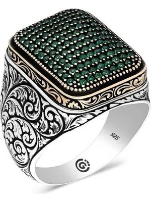 Inure Jewelry Gümüş Yeşil Zirkon Taşlı Kare Erkek Yüzük