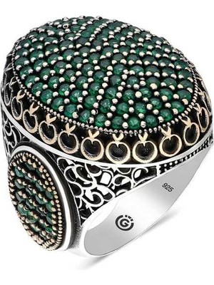 Inure Jewelry Gümüş Yeşil Zirkon Taşlı Oval Erkek Yüzük