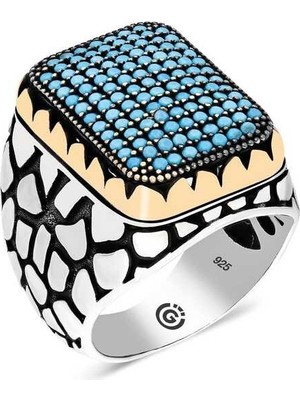 Inure Jewelry Gümüş Turkuaz Zirkon Taşlı Kare Erkek Yüzük