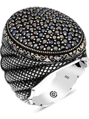 Inure Jewelry Gümüş Siyah Zirkon Taşlı Oval Erkek Yüzük