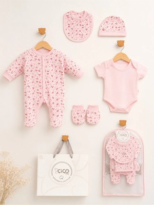Omeca Concept 5'li Bebek Giyim Seti – Kiraz Desenli Pembe Tulum, Body, Şapka, Önlük ve Eldiven