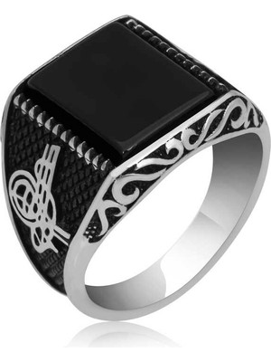 Inure Jewelry Gümüş Oniks Taşlı Tuğra Erkek Yüzük