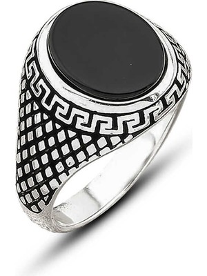 Inure Jewelry ​gümüş Oniks Taşlı Desenli Erkek Yüzük