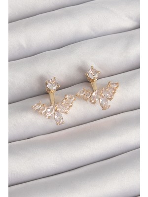 Pirinç Gold Renk Zirkon Taşlı V Model Küpe