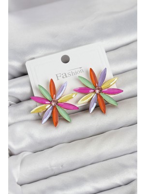 Karışık Renk Kristal Taşlı Lotus Model Kadın Küpe