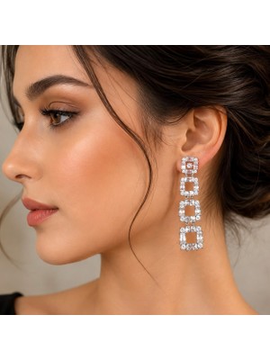 Valmont Accessories Zirkon Taşlı Geometrik Kare Sallantılı Kadın Küpe Gümüş Renk Şık Abiye Tasarım