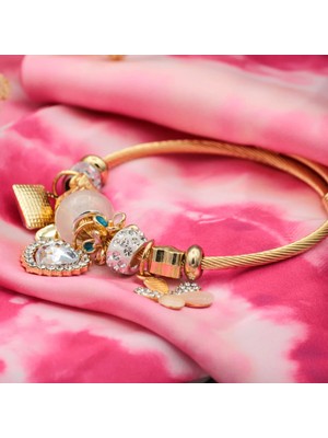 Shekka Kelebek Kalp Kilit ve Çiçek Figürlü Taşlı Gold Charm Bileklik