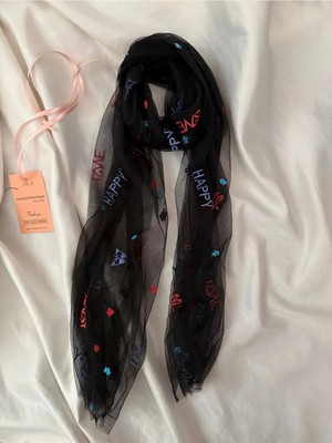 Nurcanilirboutique Siyah Desenli Tül Fular