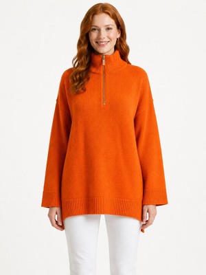 Neden Tekstil Kadın Fermuarlı Triko Turuncu Oversize Kazak