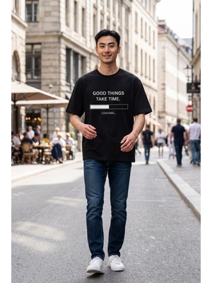 Lumora Store %100 Pamuk Good Things Take Time Baskılı Unisex Oversize Tişört Siyah
