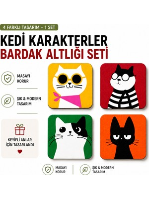 Basart Kedi Karakterler Bardak Altlığı Seti 4'lü | Dekoratif Masa Koruyucu | Modern Tasarım | Çay ve Kahve Bardağı Altlığı | Hediyelik