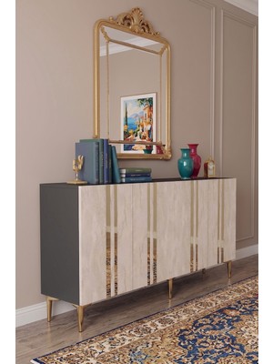 Yumedi Design KA1530ATG - Sofia Konsol, Tv Sehpası, Çok Amaçlı Dolap ve Kahve Köşesi 150CM Antrasit-Traverten-Gold