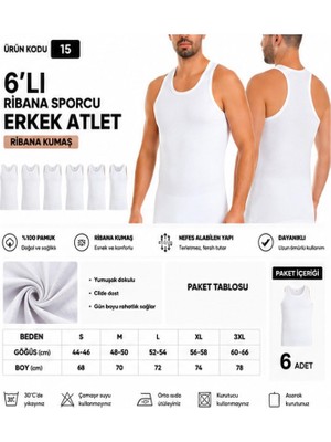 Yıldız Çamaşır Erkek Ribana Sporcu %100 Pamuk Atlet (15-17-19) - 6 Adet