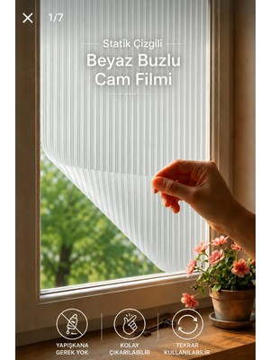 Deconitte Statik Pliseli Görünüm Beyaz  Buzlu Cam Filmi 60X100CM Yapışkansız Mahremiyet Pencere Kaplama Folyo Pvc Ev