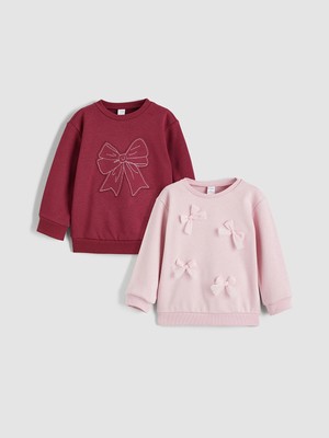 Lc Waikiki Yeni Sezon Bisiklet Yaka Fiyonk Baskılı Kız Çocuk Sweatshirt 2'li