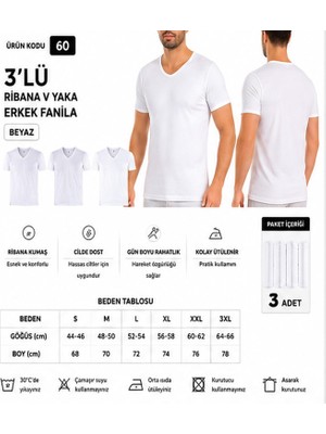Yıldız Çamaşır Erkek Ribana V Yaka %100 Pamuk Body Fanila Atlet (60-61-62) - 3 Adet