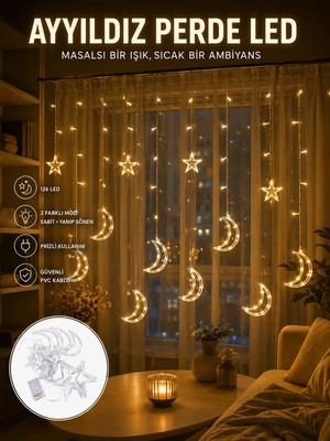 Uravas Store Yıldız ve Ay Figürlü Prizli Perde LED Işık Romantik Ortam Aydınlatması Yeni Nesil
