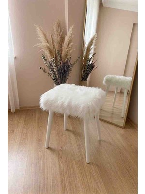 Zelda Peluş Tabure Beyaz 45 cm | Modern Ahşap Ayaklı Makyaj Taburesi, Puf Koltuk, Yumuşak Peluş Kumaş, 120 kg Taşıma Kapasiteli
