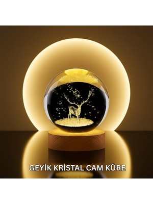 ALK Doğal Ahşap Standlı Geyik Figürlü Kristal Küre LED Dekoratif Lamba