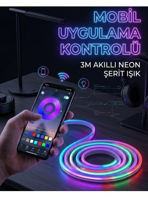 ALK 3 Metre Rgb Neon LED Şerit Işık Su Geçirmez Kumandalı ve Uygulama Kontrollü Dekoratif Aydınlatma