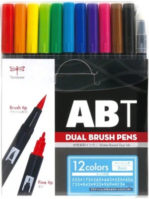 Tombow : Ab-T : Dual Brush Pen Grafik Kalemi Seti : 12 Renk (Temel Renkler)
