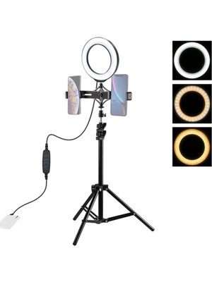 ALK Puluz 1.1m Çift Telefon Tutucu 6.2cm LED Işık Stand Youtubercanlı Yayın Selfie Tiktok MAKEUP-(5775)