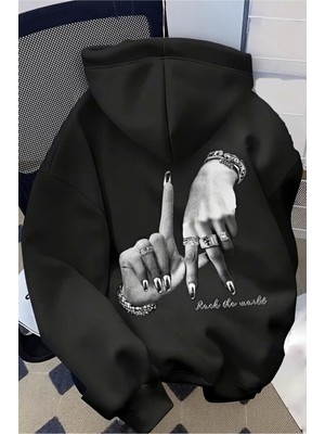Oksit Unisex Oversize La Sırt Baskılı "rock The World" Kapüşonlu Sweatshirt Hoodie