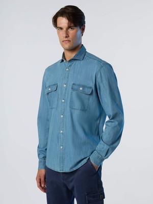 North Sails Regular Fit Italyan Yaka Denim Uzun Kollu Cepli Pamuk Gömlek