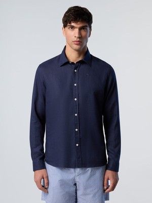 North Sails Regular Fit Geniş Yaka Nakış Detaylı %100 Keten Gömlek