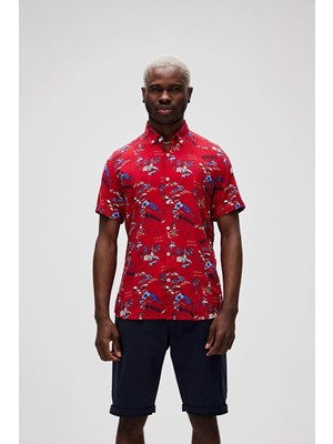 Bad Bear Hector Shirt Kırmızı Kısa Kollu Baskılı Erkek Gömlek