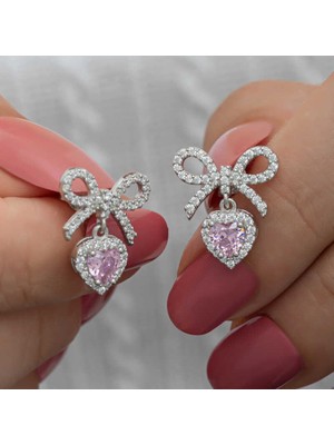 Inure Jewelry Gümüş Fiyonk Pembe Taşlı Kalpli Çivili Kadın Küpe