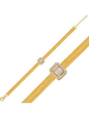 Inure Jewelry Gümüş Gold Baget Taşlı Trabzon Hasır Kadın Bileklik