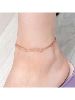 Inure Jewelry Gümüş Rose Çift Zincirli Kalp Zirkon Taşlı Halhal
